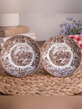 J&G Meakin Romantic England Ironstone Saucers Set 2 Brown Transferware Vintage